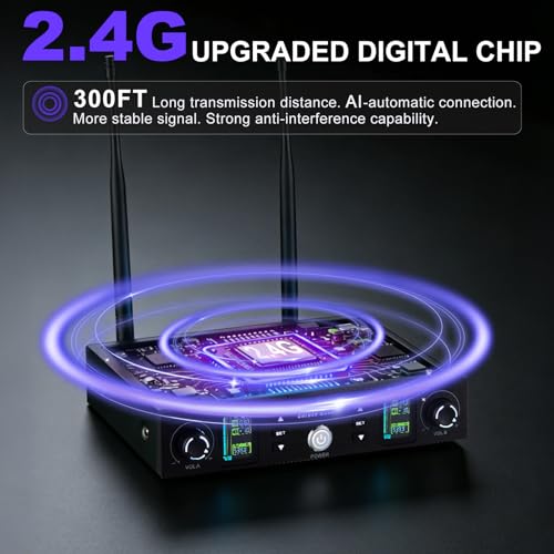 Wireless Microphones Systems for Karaoke Singing with 300 FT Reception | 2.4GHz, Rechargeable Professional Wireless Handheld Microphones with Receiver for Karaoke DJ Church Party Speaking Classroom