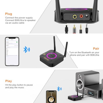 1Mii B06Ultra Bluetooth 5.3 Receiver with LDAC for Hi-Res Wireless Audio, HiFi Bluetooth Audio Adapter w/Audiophile DAC, 3D Surround aptX HD Low Latency, Optical AUX 3.5mm Coaxial for Home Stereo - color: B06Ultra Black