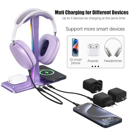 Headphone Stand with Wireless Charger,Gaming Headset stand with RGB Light,For Airpod Max Stand Compatible with Airpod Pro/3/2,For iPhone 17/16/15/14/13/12/11,Gifts for Gamers & Music Lover (Purple) - color: Purple