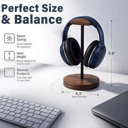 Wood & Metal Headphone Stand, Headset Holder for Desk, Desktop Gaming Headphone Hanger with Stable Non-Slip Bamboo Base, Universal Earphone Stand for Gaming, Office, Home, Gift - color: Black walnut