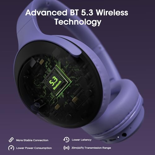 DOQAUS Bluetooth Headphones Over Ear, 70H Playtime,3 EQ Modes, with ENC Mic | HiFi Stereo Sound, Deep Bass, Soft Memory Foam Earpad, BT5.4, Headphone Wireless for Phone PC Travel Home Office, Purple - color: Purple