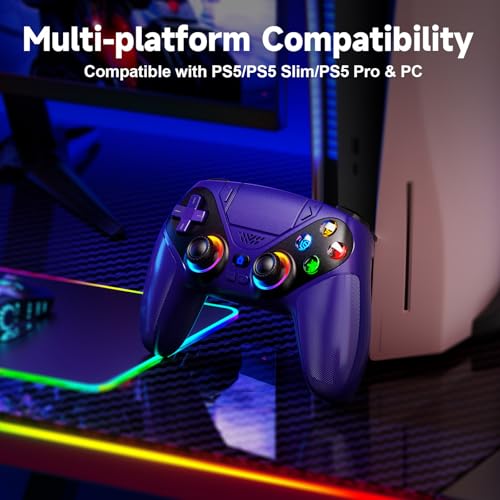 Gamrombo LED Wireless Controller for PS5, Compatible with PS5 Pro/Slim/PC, Dual Vibration, Macro/Turbo Function, 3.5mm Audio Jack, 6-Axis Motion Contro Gamepad with Speaker(Amethyst) - color: Amethyst