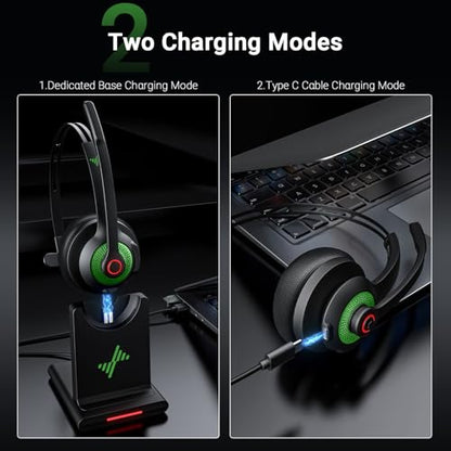 Bluetooth Wireless Headset with Mic for Work, Bluetooth 5.2, Advanced Noise Reduction Microphone, Clear Calls - Comfortable On-Ear Headphones, Applicable to PC, Laptop, Phone, Android, Zoom, Office - color: Black Green