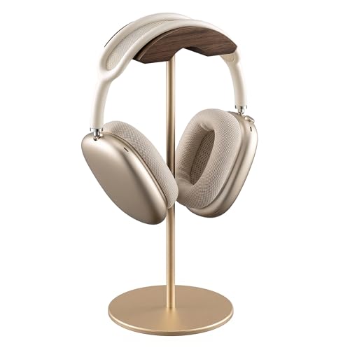 Headphone Stand, Walnut Wood & Aluminum Headset Stand, Nature Walnut Gaming Headset Holder with Solid Heavy Base for All Headphone Sizes (Gold) - color: Gold