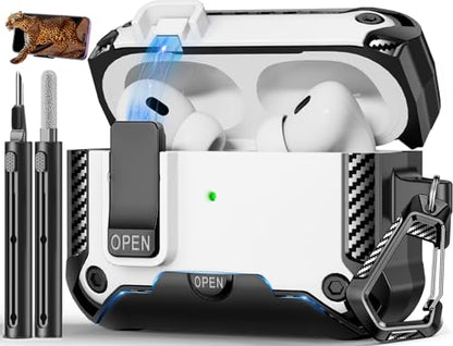 for AirPods Pro 1st/2nd Case with Lock & Phone Stand(White) | Automatic Snap Switch Lock,Carbon Fiber Texture Design Cover with Cleaner Kit - color: BB-white