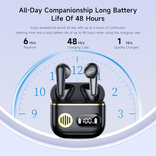 CoolJumper Wireless Earbuds, 48 Playtime Headphones with Micphone, LED Display in Ear Earphones Clear Calls IPX7 Waterproof Running Earpiece Midnight Black
