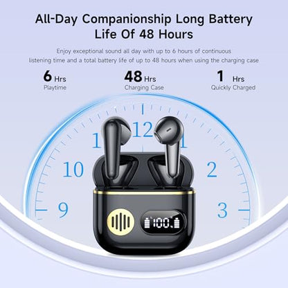 CoolJumper Wireless Earbuds, 48 Playtime Headphones with Micphone, LED Display in Ear Earphones Clear Calls IPX7 Waterproof Running Earpiece Midnight Black