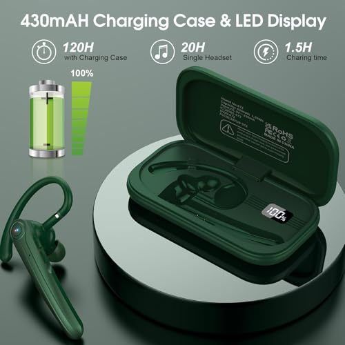 Bluetooth Headset, Wireless Bluetooth Earpiece with ENC Noise Canceling Mic, 120Hrs Talk Single-Ear Headphones, LED Display, IPX7, V5.4 Hand-Free Earphone for Business/Trucker/Driver (Dark Green)