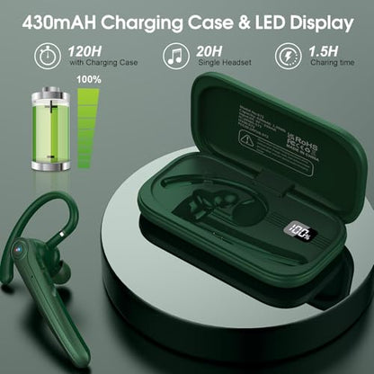 Bluetooth Headset, Wireless Bluetooth Earpiece with ENC Noise Canceling Mic, 120Hrs Talk Single-Ear Headphones, LED Display, IPX7, V5.4 Hand-Free Earphone for Business/Trucker/Driver (Dark Green)