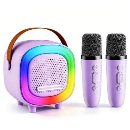 Kids Karaoke Machine Toy Ages 3-12, Mini 2 Wireless Mics Bluetooth Speaker | LED Party Lights, Voice Changer, Duets, BT 5.3, Rechargeable Portable, Christmas Birthday Gifts for Toddler Boys & Girls - color: Purple - 2 Mics