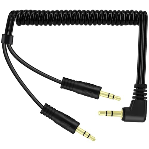 Yeebline 90 Degree 3.5mm Male to 2 Male Audio Splitter Coiled Cable, 2 Way 1/8" TRS Spring Aux Y Splitter Cord for Headphone and Speaker Sharing, Compatible with Phones, Laptops