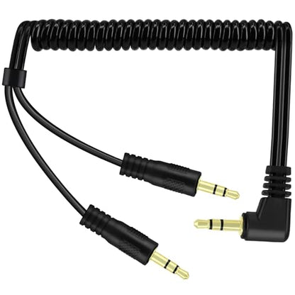 Yeebline 90 Degree 3.5mm Male to 2 Male Audio Splitter Coiled Cable, 2 Way 1/8" TRS Spring Aux Y Splitter Cord for Headphone and Speaker Sharing, Compatible with Phones, Laptops