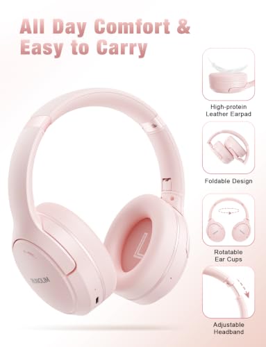 RUNOLIM Hybrid Active Noise Cancelling Headphones, Wireless Over Ear Bluetooth Headphones with Microphone, 100H Playtime, Foldable Headphone with HiFi Audio, Deep Bass for Home Travel Office（Pink） - color: Pink