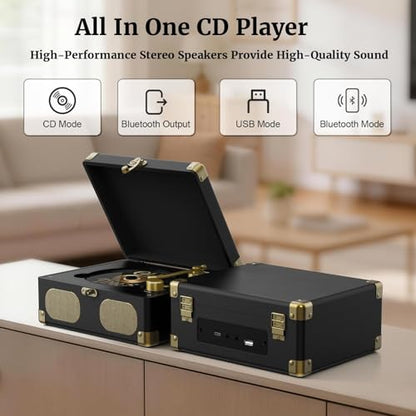 RetroAudio CD Player with Speakers Retro Portable CD Players for Home Music Player with Remote Control,V5.4 Bluetooth in&Out Desktop Suitcase CD Player with AUX in, Headphone Jack,USB Playback，Black - color: Black