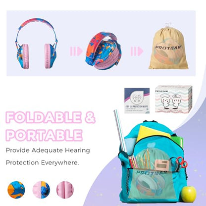 Kids Ear Protection Safety Ear Muffs, NRR 25dB Noise Reduction Children Earmuffs, Hearing Protectors for Sleeping, Studying, Airplane, Concerts, Fireworks-Blue Painting with Pink Band - color: Pink Band Blue Painting