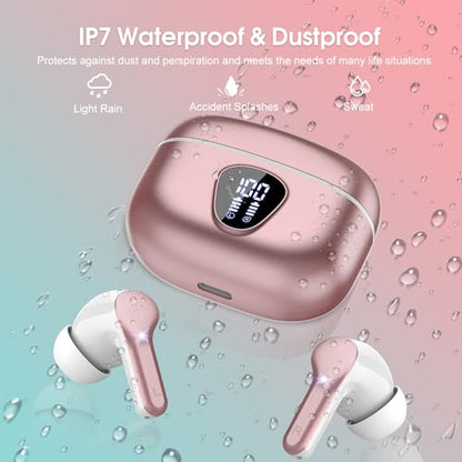 Wireless Earbuds, Bluetooth 5.4 Headphones HiFi Stereo, Bluetooth Earbuds | With ENC Noise Cancelling Mic, IP7 Waterproof in Ear Earphones, 48H, LED Display Ear buds for Pad Phones Workout, Rose Gold - color: Rose Gold