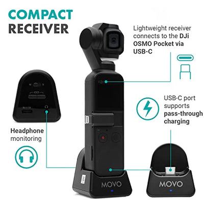 Movo Edge-OP Wireless Lavalier Microphone for Osmo Pocket 1 and 2 - Wireless Clip-on Lapel Mic, Transmitter, and Receiver Set for Video, Vlogging, Filming