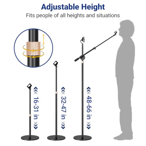 Boom Mic Stand Floor for Singing, Podcast, Studio, Live Streaming | Include Tray and Tablet Hoder, 2.9LBS Round Base, Adjutable Height 16"–63", Compatible with Yeti, SM58, QuadCast, K669B, Q2U