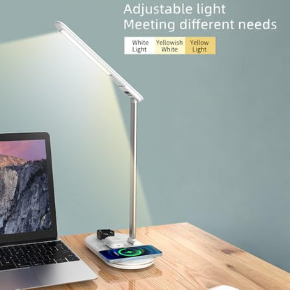 IHAO 3in1 Wireless Charging Eye-Care Desk Lamp 15W Fast Charging Station for Phone, Smartwatch & Earbuds, Touch Control Dimmable LED Light Adjustable Gooseneck, Modern Office Table Lamp-HYT2096 White - color: Table Lamp 3in1 wireless charger HYT2096 White