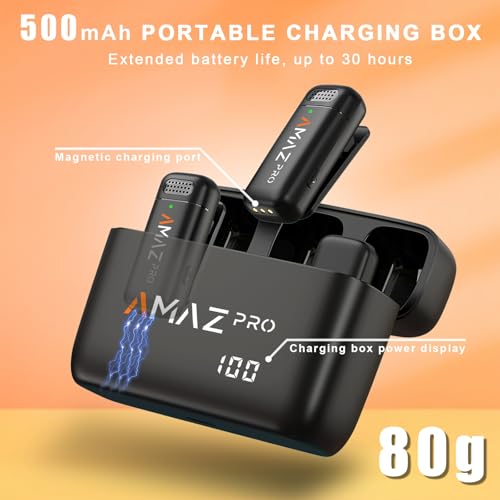 Amazpro Wireless Lavalier Microphone for iPhone 15,Android Phone,Laptop,2 Pack Mini Microphone with Charging Case,Professional Noise Reduction,for Video Vlog,Youtuber,TikTok,Instagram,Interview,USB-C