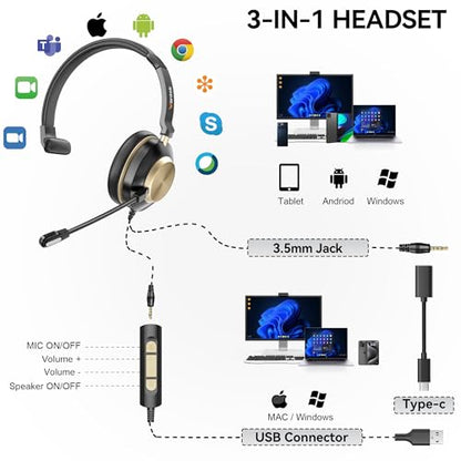 Wantek USB Headset with Microphone, Type-c/USB/3.5mm Jack 3-in-1 PC Headsets, Single Ear (Monaural) Headsets with Noise Cancelling and Volume Control for Call Centers, Skype, Zoom, Office,Business - style: 881