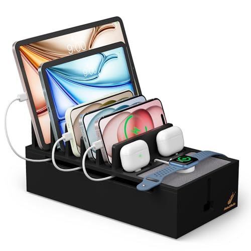 Pezin & Hulin Bamboo Cable Management Box, No Power Adapter -Black | Wire Organizers for Cords, Charge Station Box, Desktop Dock Organizer Rack for Electronic Device (Include 6 Cables) - color: Black (No Charger)