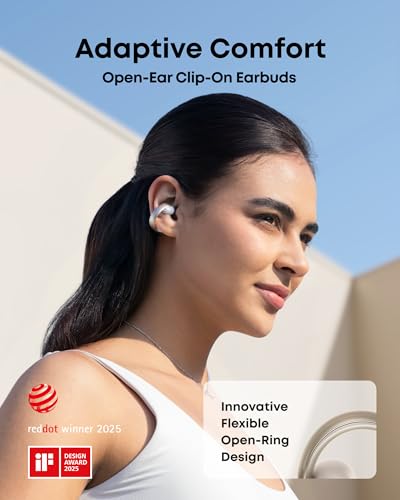 Soundcore AeroClip by Anker, Open-Ear Earbuds, Clip-On Headphones, Adaptive Comfort, Clear Calls with 4 Mics and AI, Stable Fit, 12mm Drivers for Powerful Bass, Hi-Res, Open-Ring Design | Ultra-Comfort for Running Workout, Stable, Power Bass, Hi-Res, 32H