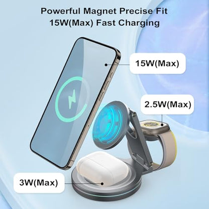 Foldable 360º Rotatable Zinc Alloy 3-in-1 Magnetic Wireless Charger,3 in 1 Charging Station,Charging Stand,15W for iPhone 12-17,5W for Apple Watches, AirPods (Adapter Included) (Gray) - color: gray