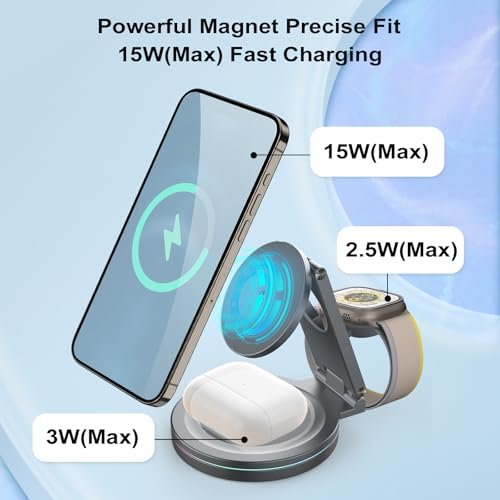 Foldable 360º Rotatable Zinc Alloy 3-in-1 Magnetic Wireless Charger, Charging Station, Charging Stand,15W for iPhone 12-17,5W for Apple Watches,AirPods(Adapter Included) (Black) - color: black