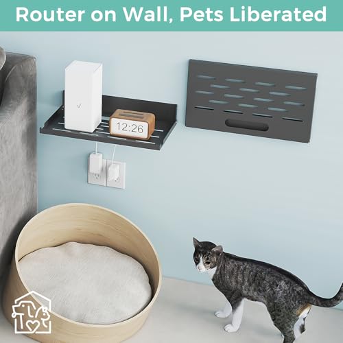 Router Shelf Wall Mount Foldable - 14" Width for Router and Modem | Fold Up Metal Shelf w/Cable Hole & Heat Vents | Space-Saving Holder for WiFi Devices/TV Box (14" W×8" D, Black) - color: Black (14-inch)