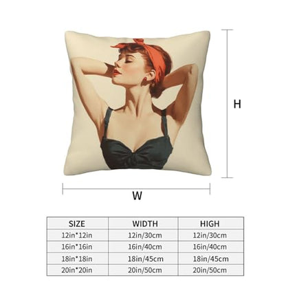 Retro Woman Red Headband Big Bow Throw Pillows Covers, Couch Sofa Pillow Cases,Zipper Bedding Cushion Cases for Living Room,18x18 Inch