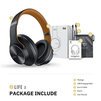 DOQAUS Bluetooth Headphones Over Ear, 90H Playtime, 3EQ Mode, with ENC Mic | Hifi Stereo Sound, Lightweight, Headphones Wireless with Soft Memory Foam Earpads, Deep Bass for Home Office Cellphone PC - color: Brown