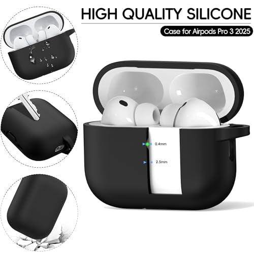 RFUNGUANGO AirPods Pro 3 Case Silicone Protective Cover, Black | Compatible with AirPods Pro 3rd Generation, Wireless Charging Compatible with Cleaning Kit & Keychain - color: A-A-Black, size: AirPods Pro 3 Case