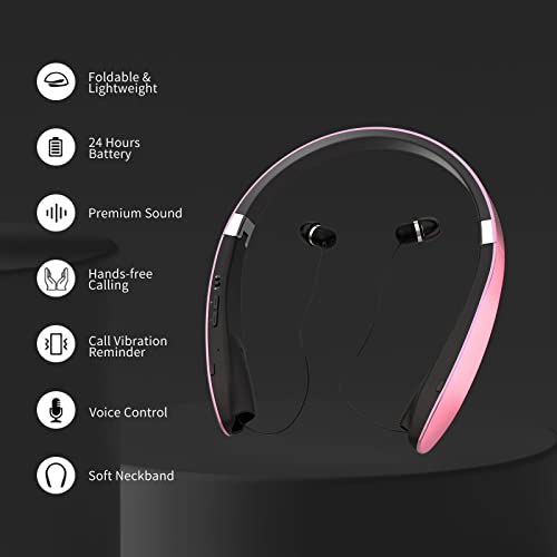 Foldable Bluetooth Headphones, Wireless Neckband Headset with Retractable Earbuds, Noise Cancelling Stereo Earphones with Carrying Case for Sports & Exercise (Gold) - color: Gold