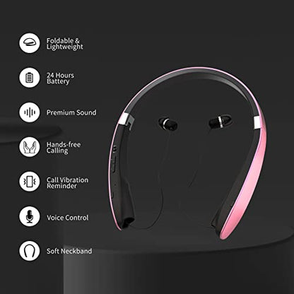 Foldable Bluetooth Headphones, Wireless Neckband Headset with Retractable Earbuds, Noise Cancelling Stereo Earphones with Carrying Case for Sports & Exercise (Gold) - color: Gold