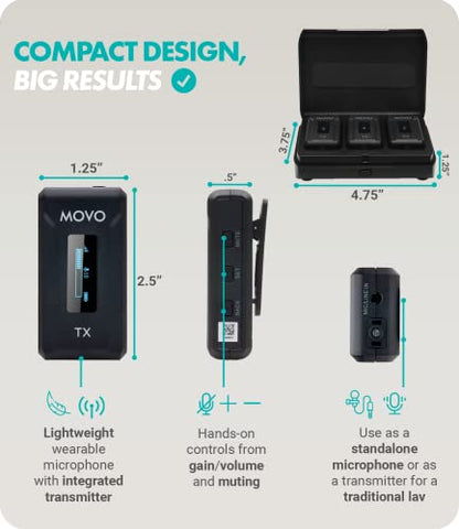 Movo WMX-2-DUO Wireless Camera Microphone Lapel Mic with Charging Case - Lav Mic, Wireless Lapel Microphone 2.4GHz Lavalier, Lav Mic for Vlogging, DSLR, Computer - style: 2 Transmitters