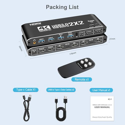 Dual Monitor HDMI KVM Switch 2 Computers | 4K@60Hz UHD, USB 3.0 Hub for Keyboard & Mouse, Hotkey/Panel/Remote Control, Extended/Mirror Display, 3.5mm Audio, EDID, HDCP 2.3, Plug & Play