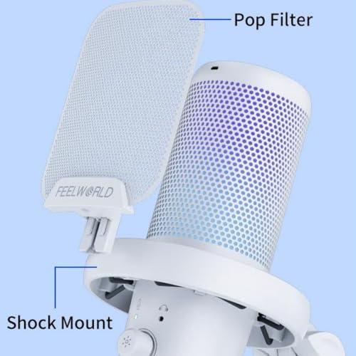 FEELWORLD VM1 USB Condenser Gaming Microphone for Streaming Noise Cancellation Mute RGB Light One-Key Mute Desktop Stand (White)