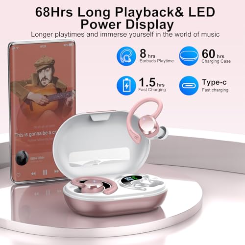sprtoybat Wireless Earbuds Sport, 2026 New Bluetooth 5.4 Headphones with ENC Noise Cancelling Mic, 68Hrs Playtime LED Display, IPX7 Waterproof Wireless Headphones with Earhooks for Gym/Running - color: Pink-A