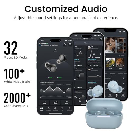TOZO A1 Wireless Earbuds Bluetooth 5.3 Light Weight in Ear Headphones | IPX5 Waterproof, 2 Mics for AI Calls, Immersive Premium Sound Bass Ear buds with Charging Case, 32 Presets EQ via TOZO App - color: Blue