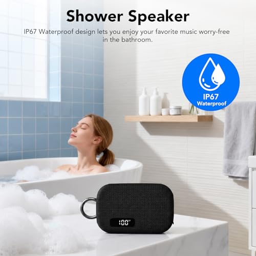 Portable Bluetooth Speaker, IP67 Waterproof Shower Speaker with Digital Battery Display, Powerful Sound, 24H Playtime, TWS Pairing, USB/TF Card, Small Speaker for Outdoor Travel Home, Gift-Black