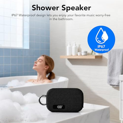 Portable Bluetooth Speaker, IP67 Waterproof Shower Speaker with Digital Battery Display, Powerful Sound, 24H Playtime, TWS Pairing, USB/TF Card, Small Speaker for Outdoor Travel Home, Gift-Black