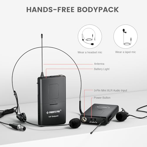 Phenyx Pro 4-Channel VHF Wireless Microphone System PTV-2000-2H2B | 2 Handheld Mics, 2 Bodypacks, Lapel/Headset Mics, Metal Receiver, Church, Meetings, Conferences