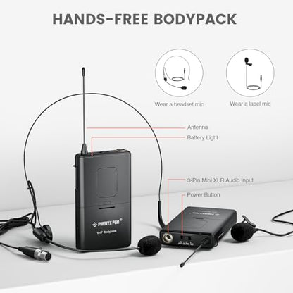 Phenyx Pro 4-Channel VHF Wireless Microphone System PTV-2000-2H2B | 2 Handheld Mics, 2 Bodypacks, Lapel/Headset Mics, Metal Receiver, Church, Meetings, Conferences