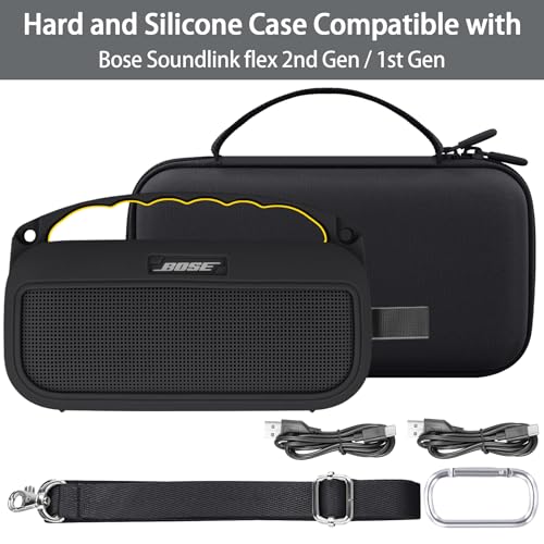 co2CREA Hard and Silicone Travel Case for Bose SoundLink Flex 2/1, Black | 2nd Gen Compatibility, Dual-Layer Protection, EVA Hard Shell, Silicone Cover, Adjustable Shoulder Strap, Aluminum Carabiner - color: Black Case