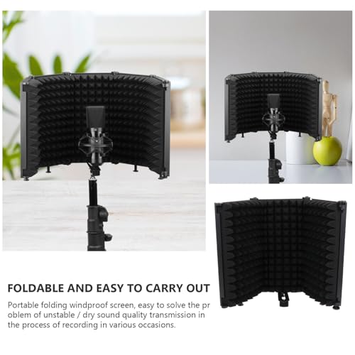 Cabilock Portable Folding Microphone Isolation Shield with Three Panels Combination and Adjustable Angle, Black Mic Windproof Sound Absorber Panel for Studio and Personal Recording
