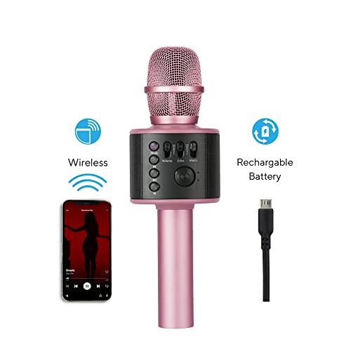 Wireless Bluetooth Karaoke Microphone with Built-in Speakers + HD Recording, Portable Handheld Mic | Rose Gold - style: Rose Gold