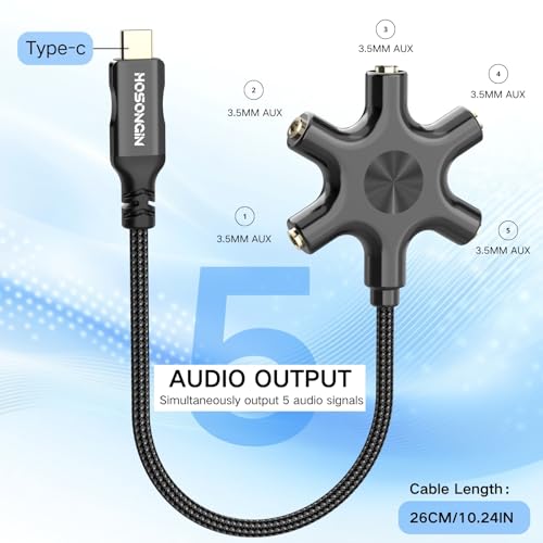 HOSONGIN USB-C Audio Splitter for 5 Headphones – USB C to 3.5mm Hi-Res DAC Adapter for MacBook, iPad Pro, Galaxy S24, Pixel – Travel, Classroom, Gaming Use – Share Audio with Friends