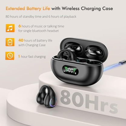Paekole Clip On Headphones, Super Comfort Open Ear Bluetooth Earbuds for All Day Wear, Lightweight Bone Conduction Wireless Earbuds with Charging Case for Running