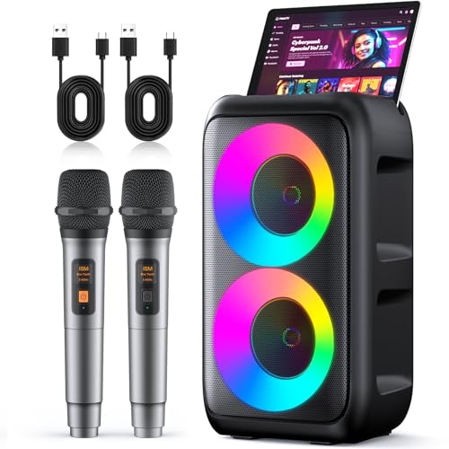 Karaoke Machine for Adults Kids, Portable Bluetooth Speaker with 2 Wireless Microphones, TWS Mode & LED Light, 10H Battery PA System, Home Party Outdoor Camping Birthday (2 Mics) - size: 2 Mics